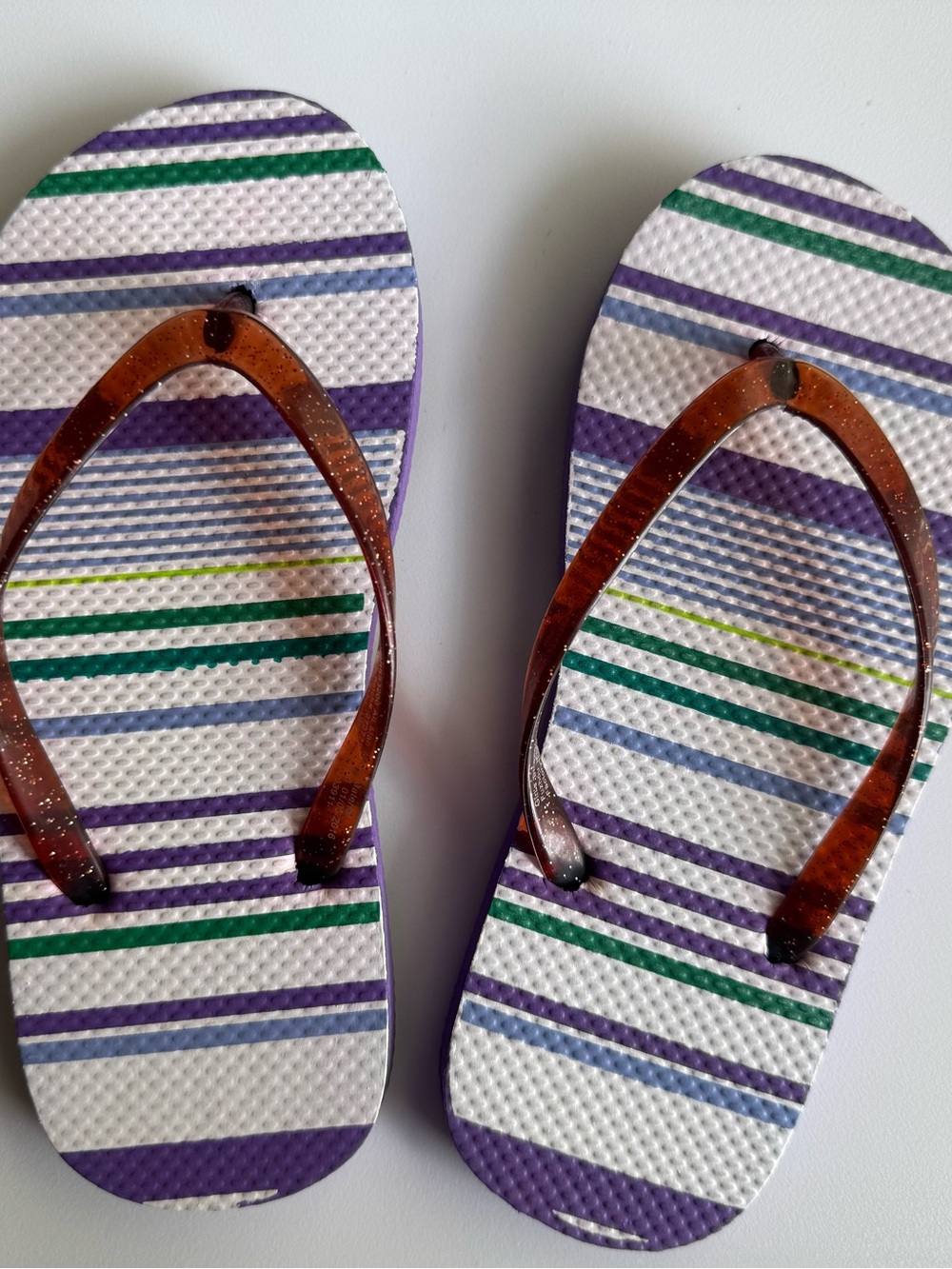 Girl’s Purple & White Striped Flip Flops with Brown Straps
